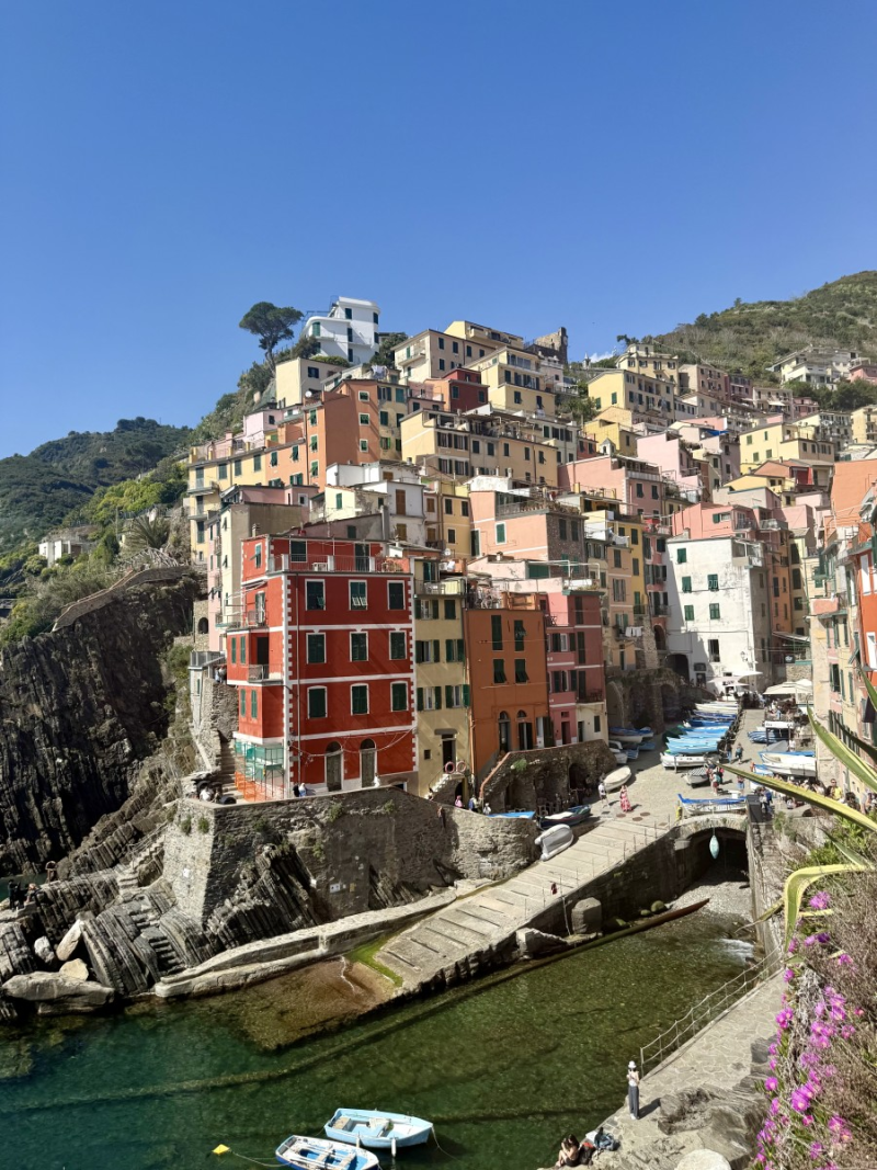 Colourful pastel houses of Riomaggiore village stacked on cliffside above the harbour, Cinque Terre